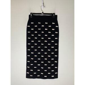 NWOT Pearl by Lela Rose Black Knit Pull On Midi Skirt with White Bows Sz S